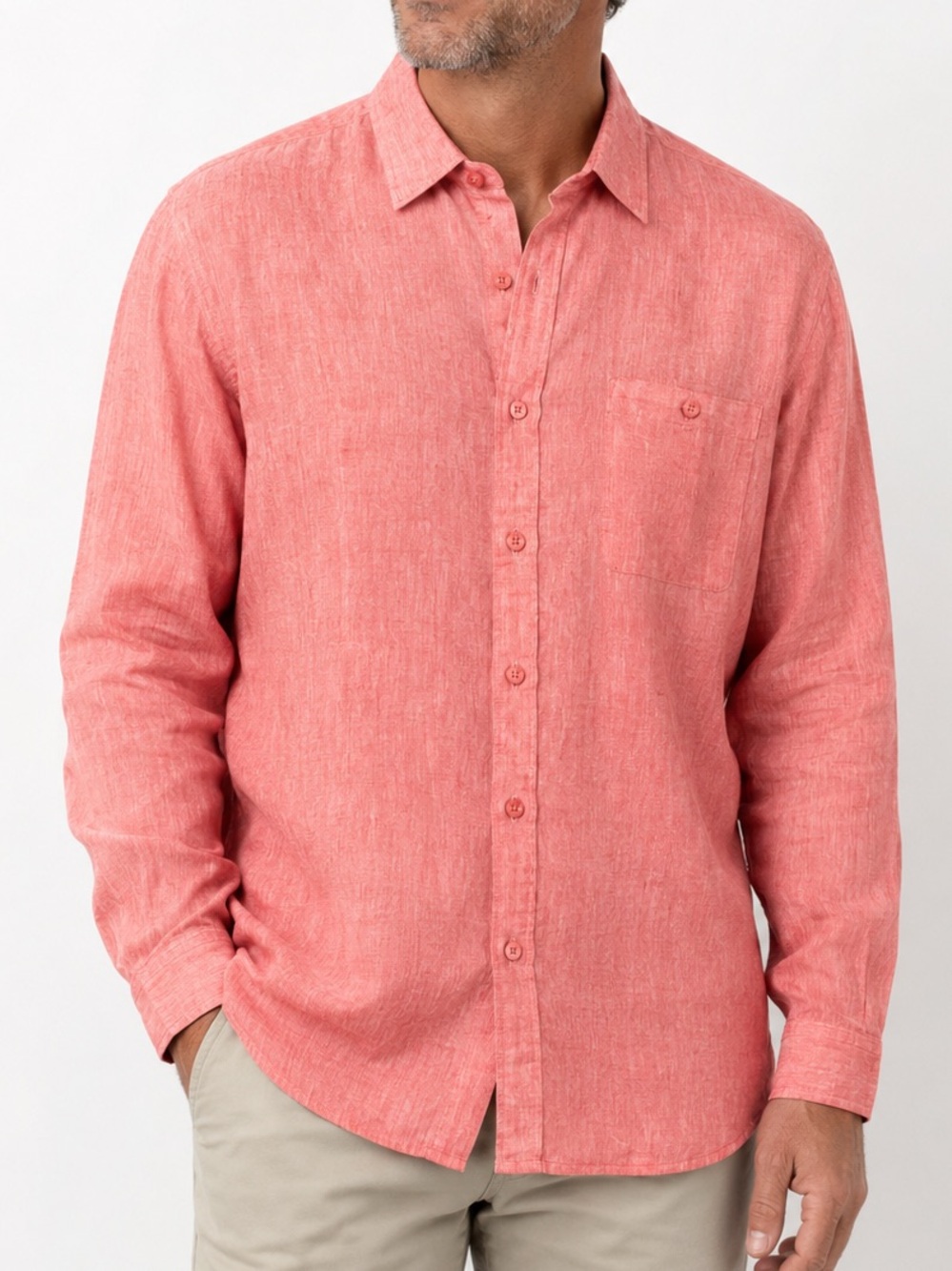 Weekendender 100% Linen Coral Pink Button Up Shirt Men’s L Coastal Quiet Luxury